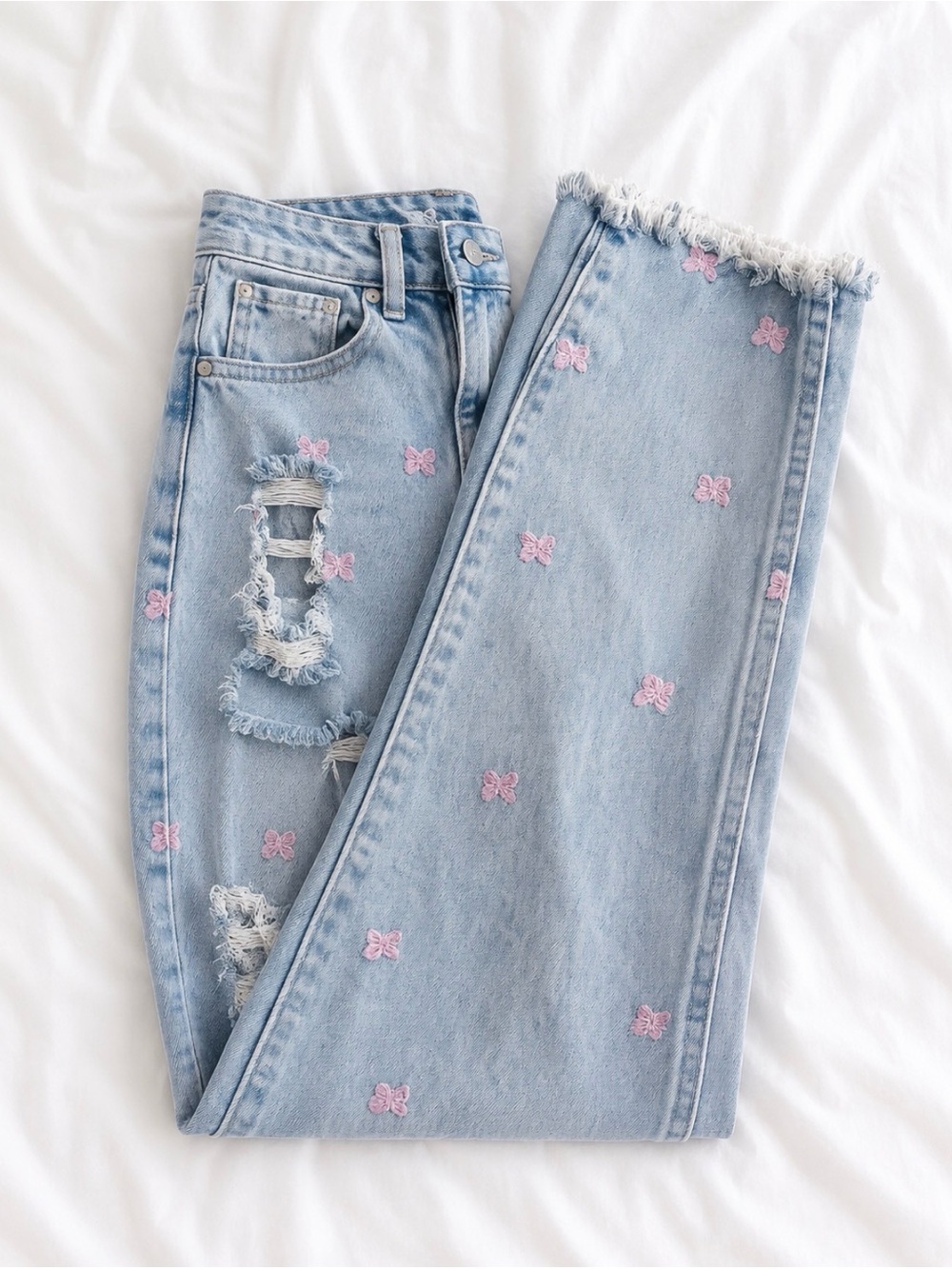 Tinseltown Light Blue Straight Leg Jeans with Pink Embroidered Butterflies